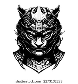 Angry samurai tiger illustration logo black and white hand drawn illustration