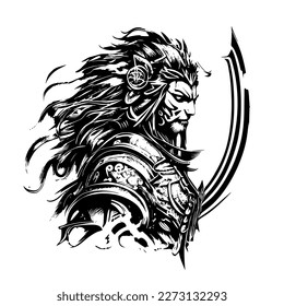 Angry samurai tiger illustration logo black and white hand drawn illustration