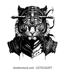 Angry samurai tiger illustration logo black and white hand drawn illustration