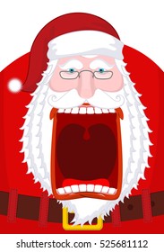 Angry Santa Claus shouts. Scary grandfather yelling. Crazy Santa Shout. Open mouth and teeth. Red lips. Xmas template design. aggressive old man
