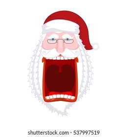 Angry Santa Claus shouts. Scary grandfather yelling. Crazy Santa Shout. Open mouth and teeth. Red lips. Xmas template design. aggressive old man
