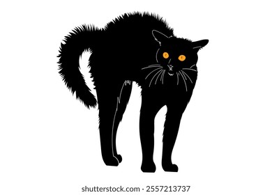 Angry, scared, aggressive black cat. Illustration in simple, flat, doodle style. Design element for posters, cards, textiles, logos