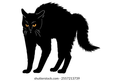 Angry, scared, aggressive black cat. Illustration in simple, flat, doodle style. Design element for posters, cards, textiles, logos