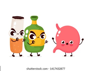 Angry Scary Alcohol Bottle And Cigarette Kill Stomach Character. Vector Flat Cartoon Illustration Icon Design. Isolated On White Background.Alcohol Addiction And Smoke Kill Stomach Concept