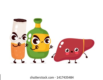 Angry scary alcohol bottle and cigarette kill liver character. Vector flat cartoon illustration icon design. Isolated on white background.Alcohol addiction and smoke kill liver concept