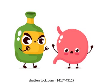 Angry scary alcohol bottle kill stomach character. Vector flat cartoon illustration icon design. Isolated on white background.Alcohol addiction kill stomach concept