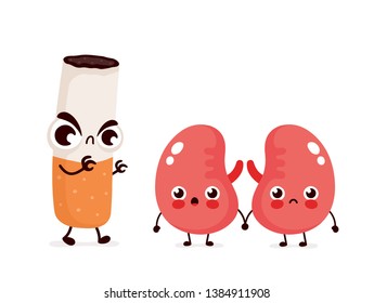 Angry scary cigarette kill kidneys character. Vector flat cartoon illustration icon design. Isolated on white background.Smoking addiction,cigarette,smoke kill kidneys concept