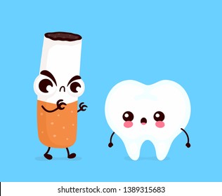 Angry scary cigarette kill tooth character. Vector flat cartoon illustration icon design. Isolated on white background.Smoking addiction,cigarette,smoke kill teeth,dental care concept concept