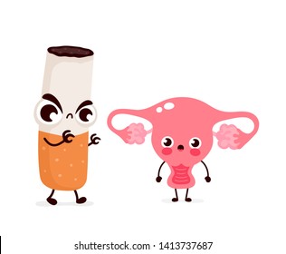 Angry scary cigarette kill uterus character. Vector flat cartoon illustration icon design. Isolated on white background.Smoking addiction,cigarette,smoke kill uterus concept