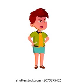 Angry Schoolboy Child Shouting At Friend Vector. Angry Asian School Boy Kid Screaming At Classmate In School Or Playground. Character Infant Aggression Emotion Flat Cartoon Illustration