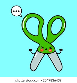 Angry Scissors character. Vector hand drawn cartoon kawaii character illustration icon. Isolated on blue background. Sad Scissors character concept