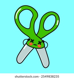 Angry Scissors character. Vector hand drawn cartoon kawaii character illustration icon. Isolated on blue background. Sad Scissors character concept