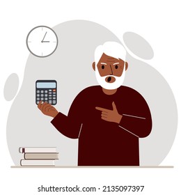 Angry screaming grandfather holds a digital calculator in his hand and points to the calculator with the other hand. Vector flat illustration