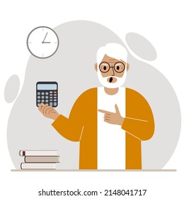 Angry screaming grandfather holds a digital calculator in his hand and points to the calculator with the other hand. Vector flat illustration