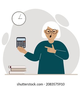 Angry screaming grandmother holds a digital calculator in his hand and points to the calculator with the other hand. Vector flat illustration