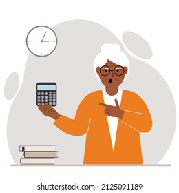 Angry screaming grandmother holds a digital calculator in his hand and points to the calculator with the other hand. Vector flat illustration