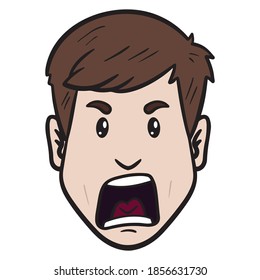 angry screaming man. head, open mouth, brown hair.