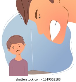 Angry screaming man and scared child. Abusive relationship, family violence and aggression concept. Cartoon flat illustration isolated on a white background.