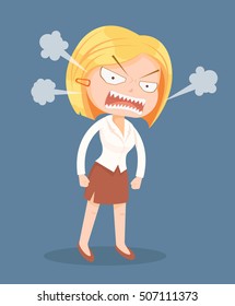 Angry screaming office worker woman character. Vector flat cartoon illustration