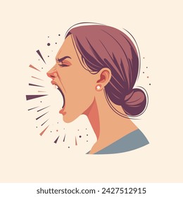 Angry screaming woman side profile. Head of a stressed girl. Vector illustration