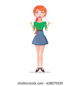 Angry screaming woman with wide open mouth isolated on white. Annoyed redhead girl avatar userpic in flat style design. Vector illustration of cranky human emotion in green blouse and blue skirt