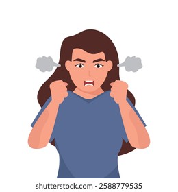 Angry screaming young woman  with steam coming out of his ears. Irritation, mad expression, frustration and negative emotion vector graphic illustration.