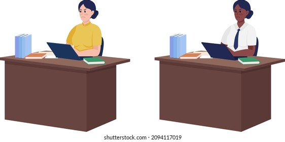 Angry secretaries sitting at desks semi flat color vector characters set. Full body people on white. Bad mood isolated modern cartoon style illustrations collection for graphic design and animation