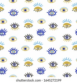 Angry seeing eye mascot symbol, geometric seamless pattern on white background, vector. Occult mystic emblem, graphic design tattoo. For printing on textiles, wallpaper, covers.