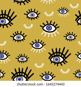 Angry seeing eye mascot symbol, geometric seamless pattern on brown background, vector. Occult mystic emblem, graphic design tattoo. For printing on textiles, wallpaper, covers.