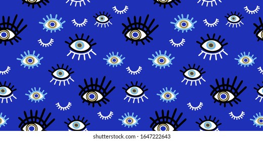 Angry Seeing Eye Symbol Eyelash Mascot, geometric seamless pattern on classic blue background, vector. Occult mystical pattern, graphic design tattoo. For printing on textiles, wallpaper, covers.