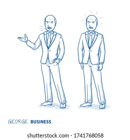 Angry senior man in business suit in two poses, standing normal and with arm spread and complaining. Hand drawn line art cartoon vector illustration.