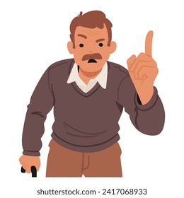 Angry Senior Man Character Fiercely Wags His Finger, Expressing Disapproval With Sternness. Lines Etched On His Face Reveal Frustration And A Demand For Attention. Cartoon People Vector Illustration