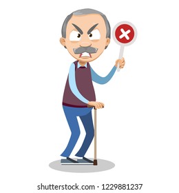 Angry senior man holding wrong check mark. Irate grandpa with walking stick cartoon animated personage. Male patient rehabilitation after illness. Old age infirmity and disability vector illustration.