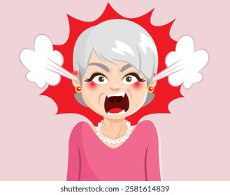 Angry senior woman vector cartoon illustration. Unhappy grandma complaining shouting and screaming