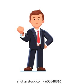 Angry and serious business man in suit standing showing threatening gesture with clenched fist. Flat style modern vector illustration isolated on white background. 