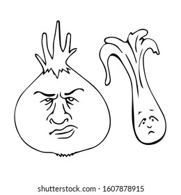angry serious onion spinach salad.funny cartoon vegetables.proper healthy nutrition,diet food.vector outline illustration isolated on a white background.boss and subordinates,sad character. 