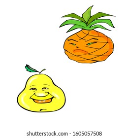 angry serious pineapple and smiling  pear.funny cartoon fruit.proper healthy nutrition, diet food.vector illustration isolated on a white background.boss and subordinates, sad character.