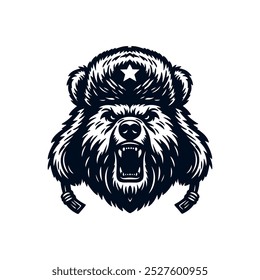 Angry serious Russian bear wearing a traditional ushanka hat, isolated vector illustration	