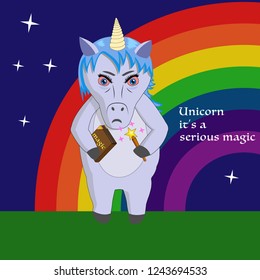 An angry or serious unicorn holds a book and a magic wand in his hands and is about to conjure. Portrait of a mythical animal in full growth against a rainbow. Background or graphic design element.