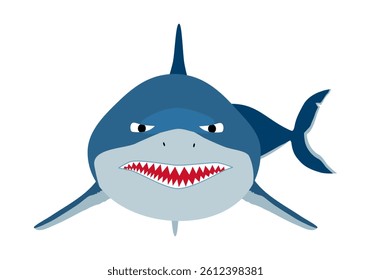 Angry Shark animal front view. Underwater swimming shark, toothy fish character. Ocean aquatic shark animal vector cartoon on white background.