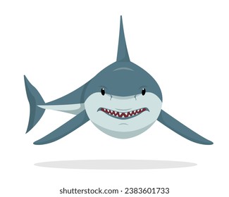 Angry Shark animal icon front view. Underwater swimming shark, toothy fish mascot, sea fauna character. Ocean aquatic shark animal. Vector flat or cartoon illustration isolated on white background.