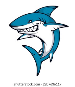 Angry shark animal mascot of vector great white shark. Cartoon sea and ocean fish, aggressive marine animal jumping with evil face and curved tail, scary teeth and scars, sport team or club mascot