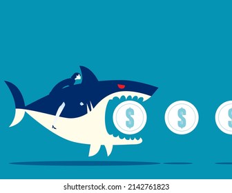 Angry shark biting coin. Business vector illustration concept