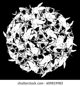 Angry Shark Collage in Circle. Hand-Drawn illustration. Sea Life Pattern.