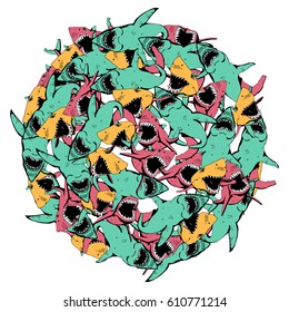 Angry Shark Collage in Circle. Hand-Drawn illustration. Sea Life Pattern.