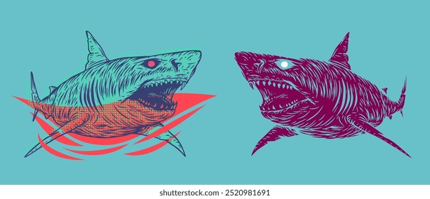 Angry shark in colorful pop art style. Modern abstract print with animal. Vivid creative vector illustration.