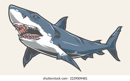 Angry shark detailed colorful logotype dangerous underwater fish of gigantic size with sharp fangs and evil eyes vector illustration