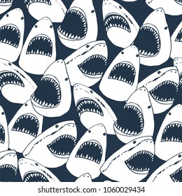 angry shark fish with open mouth head vector doodle pattern