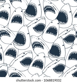 angry shark fish with open mouth head vector doodle pattern