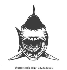 Angry shark front view template in vintage monochrome style isolated vector illustration